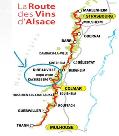 Mapa Rota dos Vinhos da Alsácia